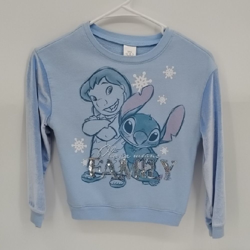 Disney 100 Blue Stitch and Lilo Sweatshirt Crew Neck Silky Arms Size S 6/6x